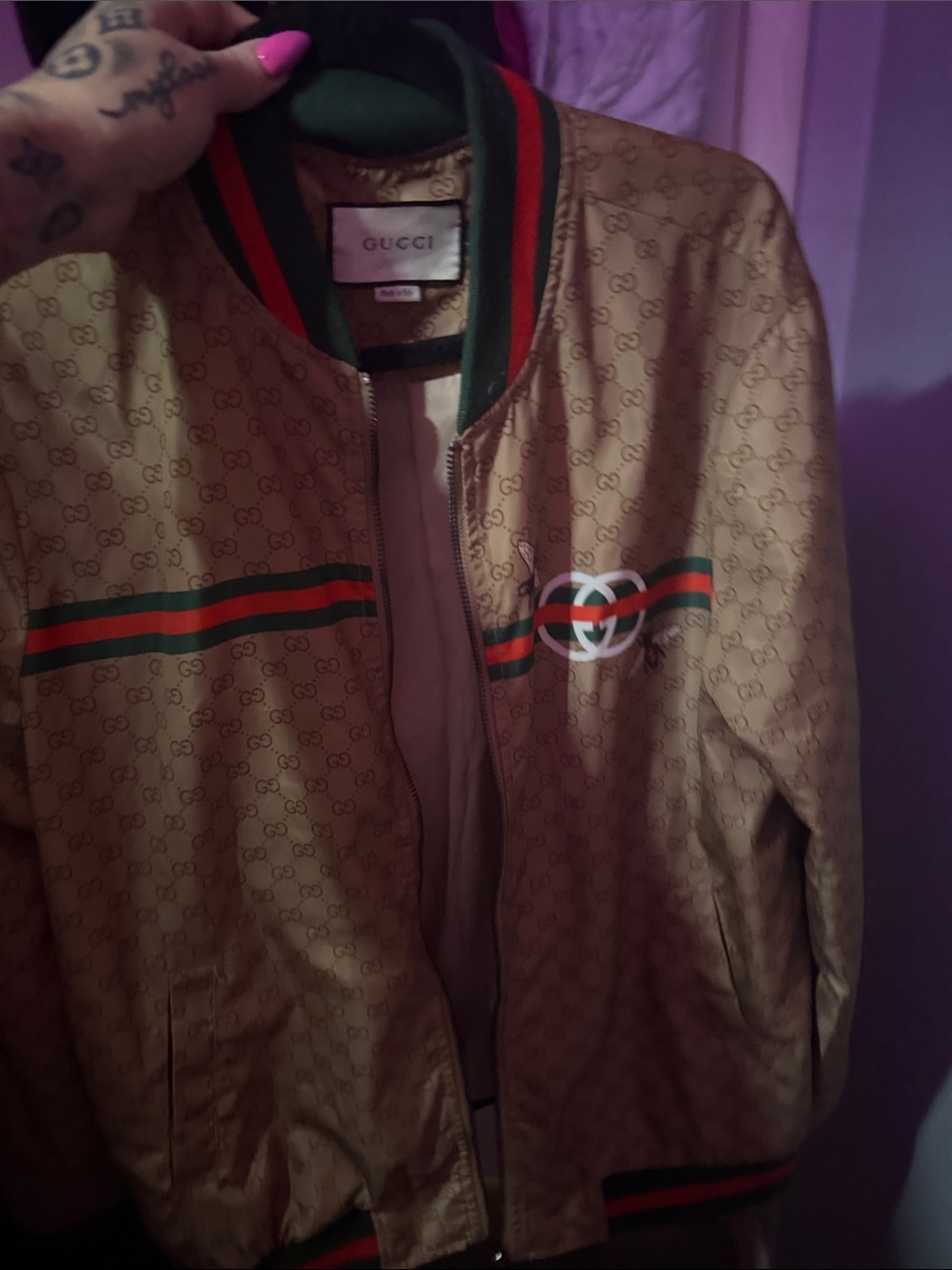 Gucc Brown GG Supreme Bomber Jacket with Green & Red Web Stripe